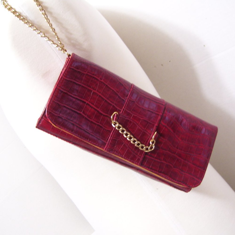 Fashion Clutch Handbag Burgundy Croc Design NWOT